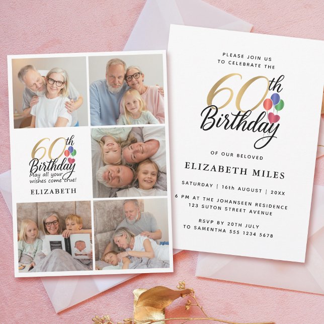 60th Birthday Photo Collage Gold Script Typography Einladung (Von Creator hochgeladen)