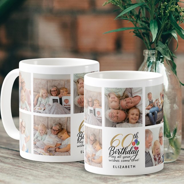 60th Birthday Photo Collage Script Typography Gold Kaffeetasse (Von Creator hochgeladen)