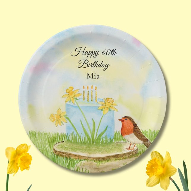 60th Birthday Robin with Daffodil Cake Pappteller (Von Creator hochgeladen)