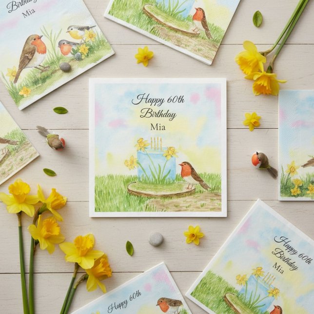 60th Birthday Robin with Daffodil Cake Serviette (Von Creator hochgeladen)