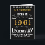 60th Birthday Sixty Sixtieth Born 1961 Legendary Karte<br><div class="desc">Say Happy 60th Birthday for those born in 1961 Add your name birthday greeting card. Edit the name and year plus the message inside with the template provided. Wonderful custom black birthday card with white and gold vintage style typography. This card is also available in a giant size format for...</div>