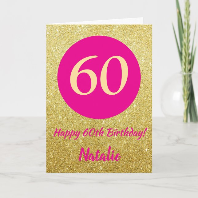 60th Happy Birthday Hot Pink und Gold Glitzer Karte (Vorderseite)