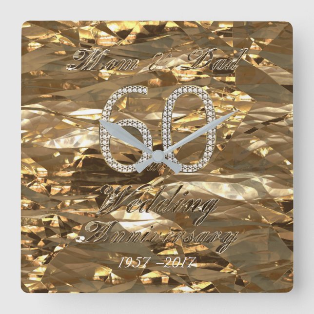 60th Wedding Anniversary Diamond Wedding Eltern Quadratische Wanduhr (Vorderseite)