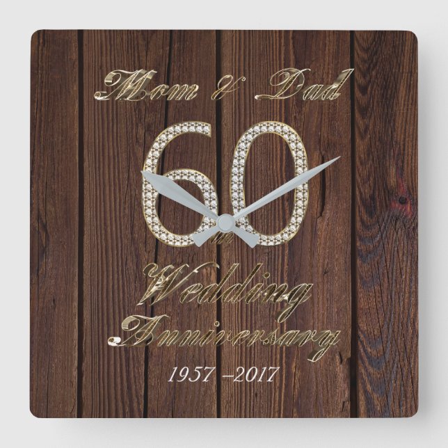 60th Wedding Anniversary Diamond Wedding Eltern Quadratische Wanduhr (Vorderseite)