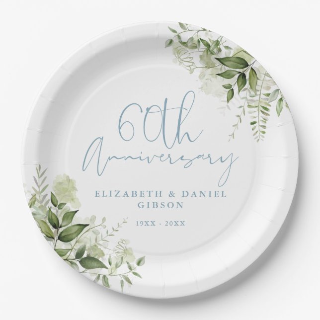 60th Wedding Anniversary Greenery Floral Pappteller (Vorderseite)