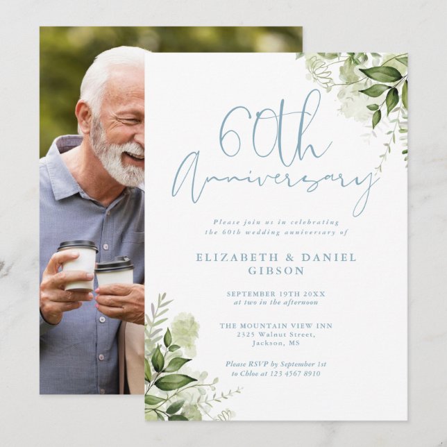 60th Wedding Anniversary Greenery Floral Photo Einladung (Vorne/Hinten)