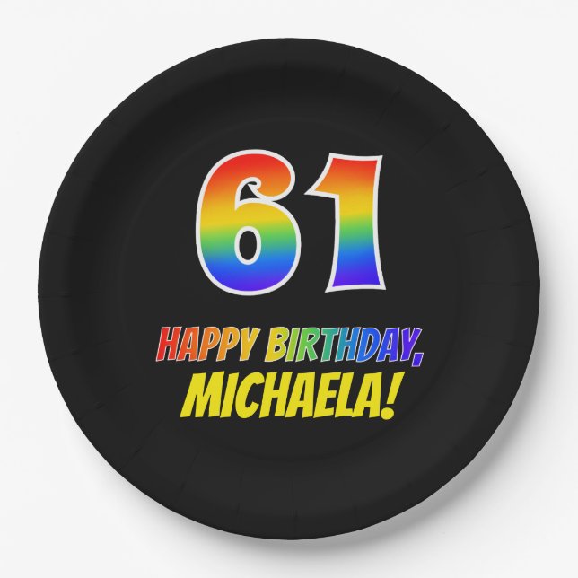 61. Geburtstag: Bold, Fun, Simple, Rainbow 61 Pappteller (Vorderseite)