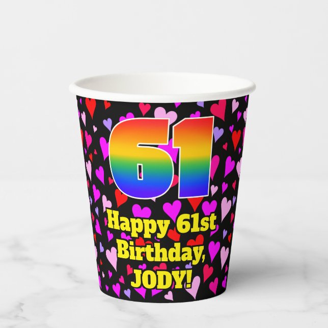 61. Geburtstag: Loving Hearts Pattern, Regenbogen  Pappbecher (Vorderseite)