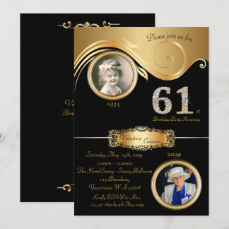 61. Geburtstagsfrau 61., eleganter Deko, schwarz Einladung