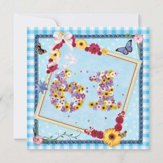 61. Geburtstagsparty Einladung Blume, Schmetterlin (Vorderseite)