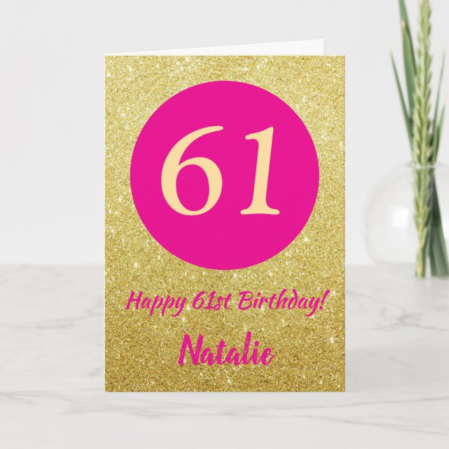 61. Happy Birthday Hot Pink und Gold Glitzer Karte (Vorderseite)