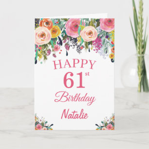 61st Birthday Watercolor Floral Flowers Pink Card Karte