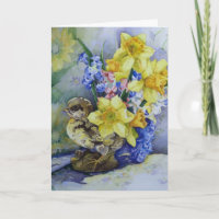 6296 Affodils in Bird Planter Birthday Card