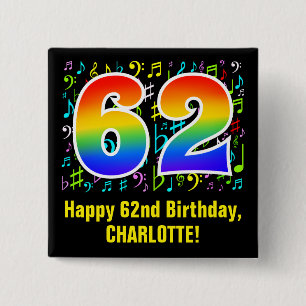 62. Geburtstag: Farbige Musiksymbole, Regenbogen 6 Button