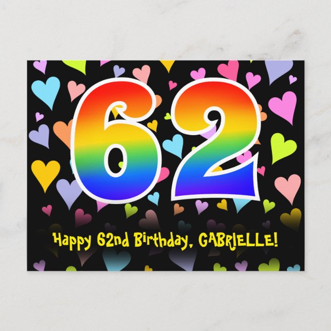 62. Geburtstag: Fun Hearts Muster, Regenbogen 62 Postkarte (Vorderseite)