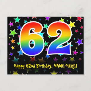 62. Geburtstag: Fun Stars Muster, Regenbogen 62, N Postkarte