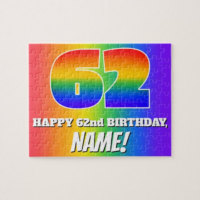 62. Geburtstag — mehrfarbiges Regenbogenmuster "62 Puzzle (Horizontal)