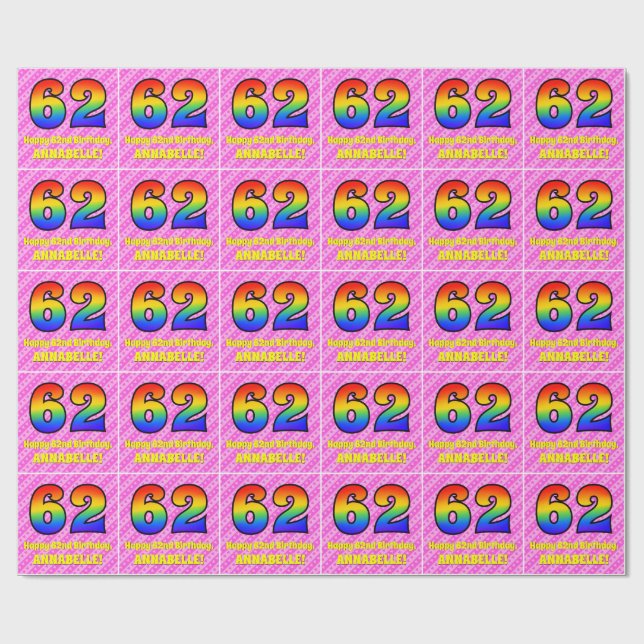 62. Geburtstag: Rosa Streifen & Herz, Regenbogen # Geschenkpapier (Flach)