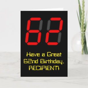 62. Geburtstag: Rote Digitaluhr-Optik "62" + Name Karte