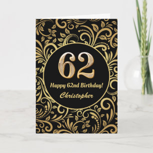 62. Geburtstag Schwarz und Gold Floral Muster Karte