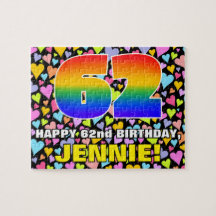 62. Geburtstag — Spaß, liebevolle Herzformen + "62