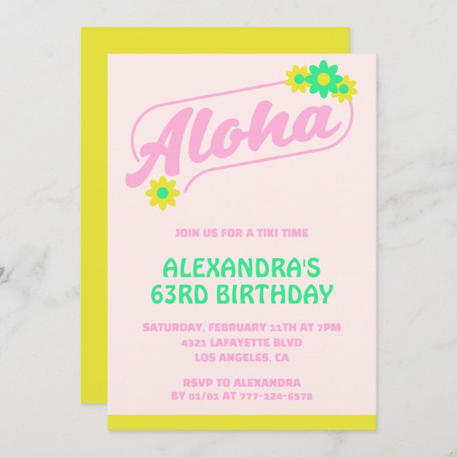 63. Geburtstag Einladungen Tropical Aloha Pink (Vorne/Hinten)