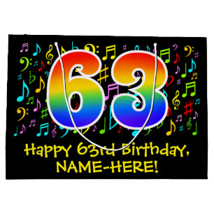 63. Geburtstag - Farbige Musiksymbole, Regenbogen  Große Geschenktüte