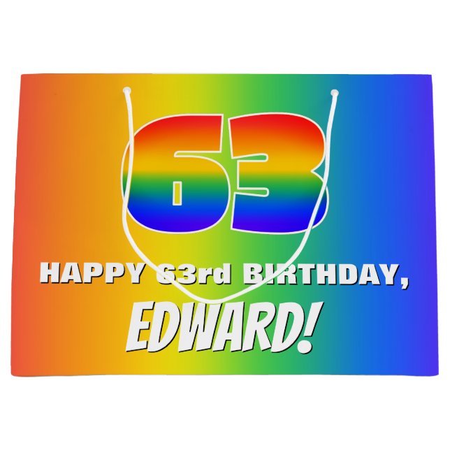 63. Geburtstag: Farbiges, lustiges Regenbogenmuste Große Geschenktüte (Vorderseite)