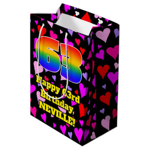 63. Geburtstag: Loving Hearts Pattern, Regenbogen  Mittlere Geschenktüte