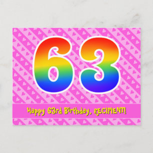63. Geburtstag: Rosa Streifen & Herzen, Regenbogen Postkarte