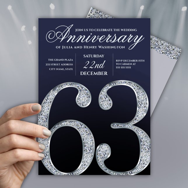 63. Jubiläum Diamant Silber Marineblau Modern Einladung (Von Creator hochgeladen)