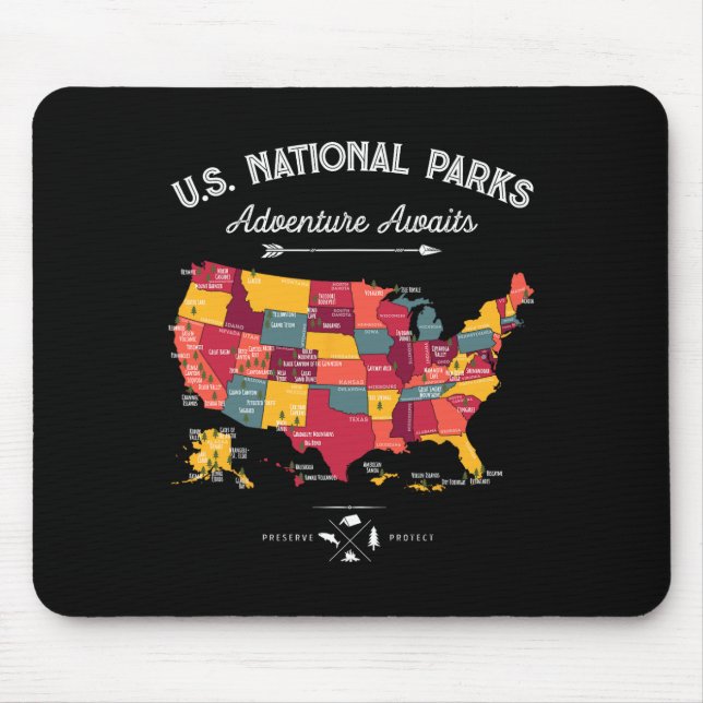 63 Nationalparks Karte Us Park Retro Vintage Campi Mousepad (Vorne)