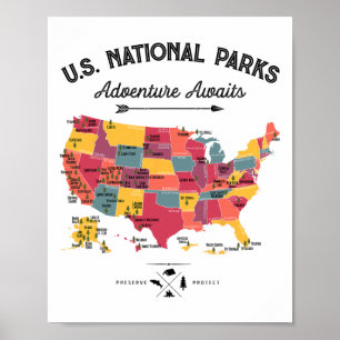 63 Nationalparks Karte Us Park Retro Vintage Campi Poster
