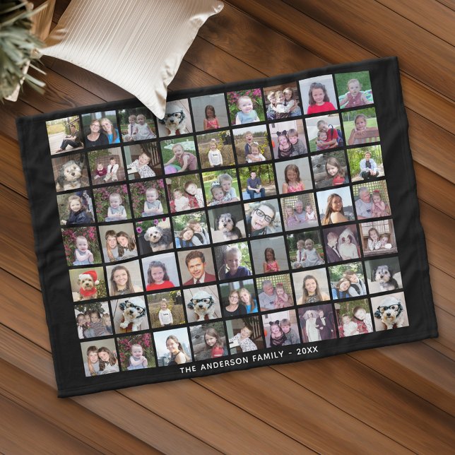 63 Square Foto Collage Grid mit Text - schwarz Fleecedecke (Personalized fleece blanket with 63 photos and custom text)