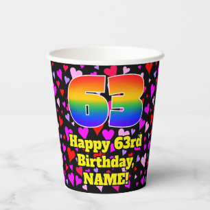 63rd Birthday: Loving Hearts Pattern, Rainbow 63 Pappbecher