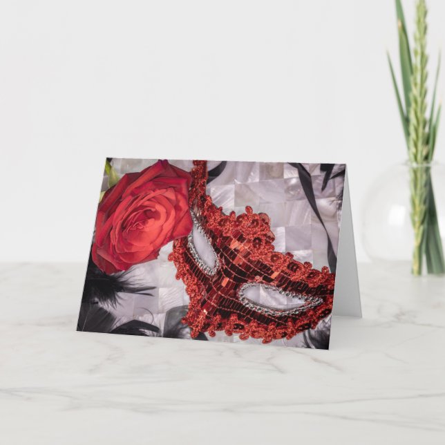 6439-Rote Rose mit Roter Maskenmaske Karte (Vorderseite)