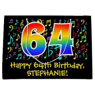 64. Geburtstag - Farbige Musiksymbole, Regenbogen  Große Geschenktüte