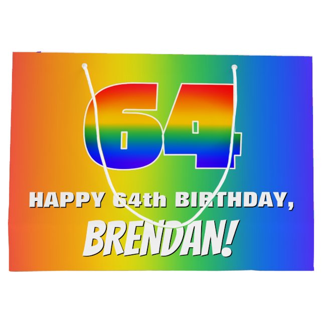 64. Geburtstag: Farbiges, lustiges Regenbogenmuste Große Geschenktüte (Rückseite)