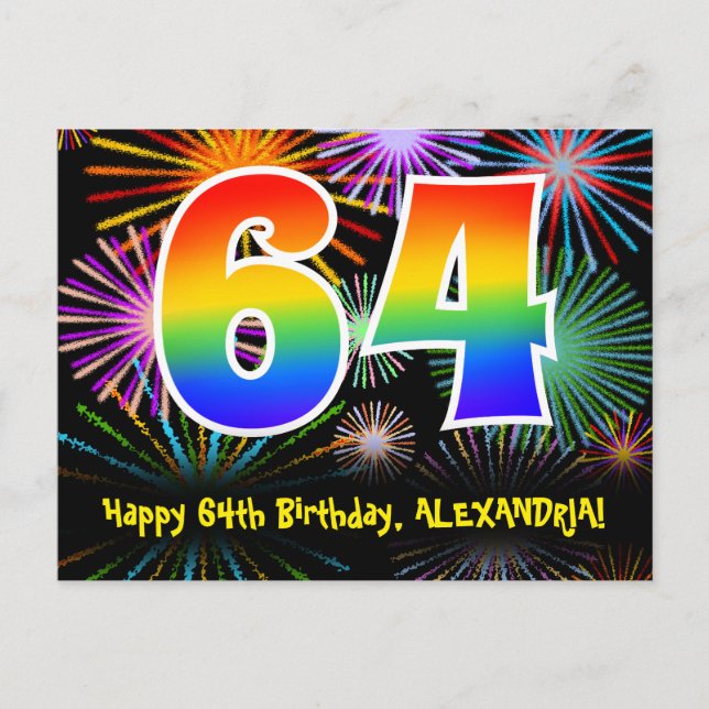 64. Geburtstag - Fun Fireworks Pattern + Regenboge Postkarte (Vorderseite)