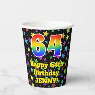 64. Geburtstag: Fun Stars Muster und Regenbogen 64 Pappbecher