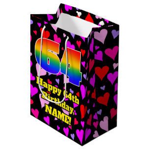 64. Geburtstag: Loving Hearts Pattern, Regenbogen Mittlere Geschenktüte