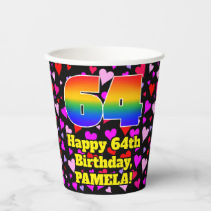 64. Geburtstag: Loving Hearts Pattern, Regenbogen  Pappbecher