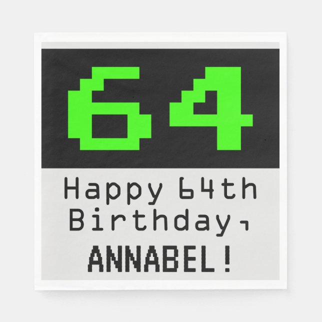 64. Geburtstag - Nerdy / Geeky Style "64" & Name Serviette (Vorderseite)