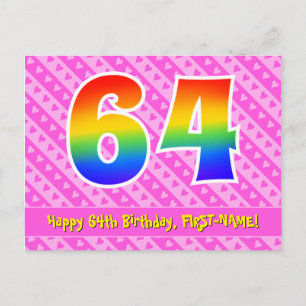 64. Geburtstag: Rosa Streifen & Herz, Regenbogen 6 Postkarte