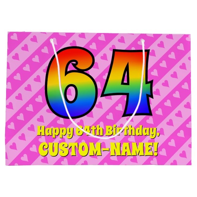 64. Geburtstag: Rosa Streifen & Herz, Regenbogen # Große Geschenktüte (Rückseite)