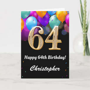 64. Geburtstag Schwarz und Gold farbige Ballons Karte