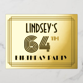 64. Geburtstagsparty ~ Art-Deco-Stil "64" + Name Folie Einladungspostkarte