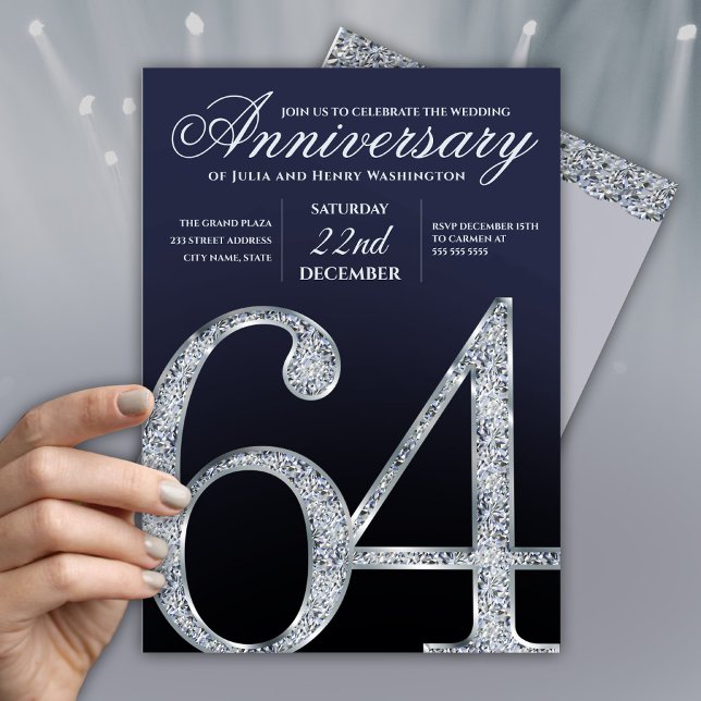 64. Jubiläum Diamant Silber Navy Blau Modern Einladung (Von Creator hochgeladen)