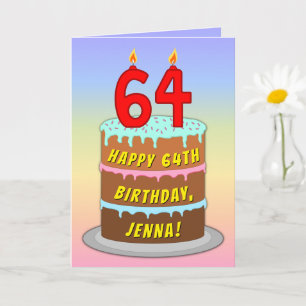 64th Birthday — Fun Cake & Candles, w/ Custom Name Karte