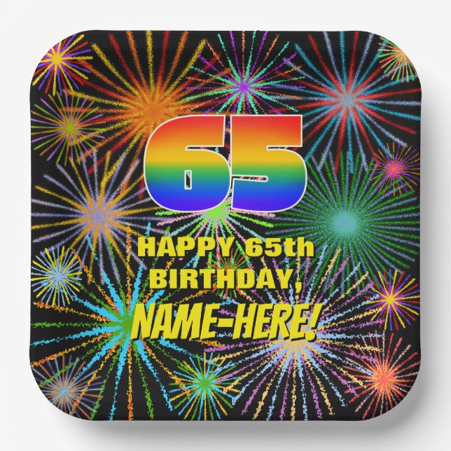 65. Geburtstag: Bunte, lustige feierliche Feuerwer Pappteller (Vorderseite)